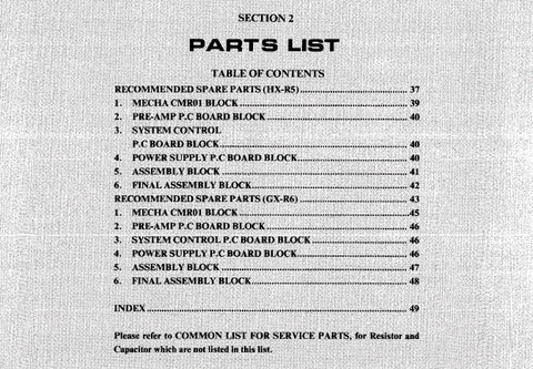 AKAI HX-R5 GX-R6 STEREO CASSETTE TAPE DECK PARTS LIST 18 PAGES ENG