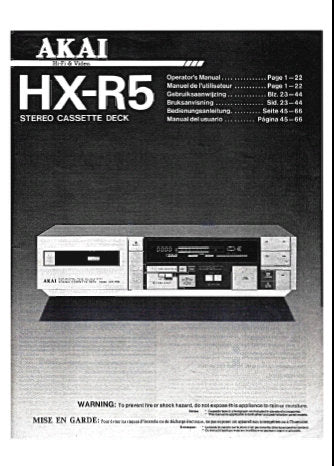 AKAI HX-R5 STEREO CASSETTE TAPE DECK OPERATOR'S MANUAL INC CONN DIAGS AND TRSHOOT GUIDE 24 PAGES ENG FRANC