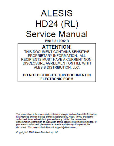 ALESIS HD24 (RL) 24 TRACK HARD DISC RECORDER SERVICE MANUAL INC PCBS SCHEM DIAGS AND PARTS LIST 91 PAGES ENG