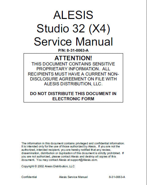 ALESIS STUDIO 32 (X4) RECORDING CONSOLE SERVICE MANUAL INC PCBS SCHEM DIAGS AND PARTS LIST 36 PAGES ENG