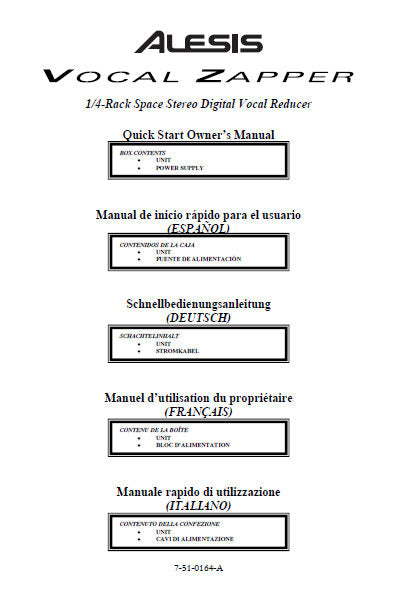 ALESIS VOCAL ZAPPER 1/4 RACK SPACE STEREO DIGITAL VOCAL REDUCER QUICK START OWNER'S MANUAL 11 PAGES ENG ESP DEUT FRANC ITAL