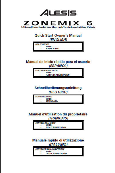 ALESIS ZONEMIX 6 6 CHANNEL STEREO ANALOG LINE MIXER QUICK START OWNER'S MANUAL 22 PAGES ENG ESP DEUT FRANC ITAL