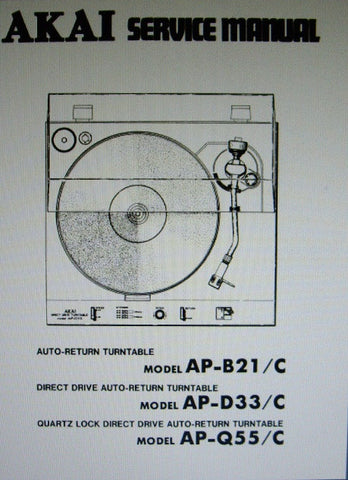 AKAI AP-B21 AP-B21C AUTO RETURN TURNTABLE AP-D33 AP-D33C DIRECT DRIVE AUTO RETURN TURNTABLE AP-Q55 AP-Q55C QUARTZ LOCK DIRECT DRIVE AUTO RETURN TURNTABLE SERVICE MANUAL INC SCHEMS AND PARTS LIST 61 PAGES ENG