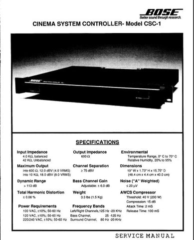 BOSE CINEMA SYSTEM CONTROLLER MODEL CSC-1 SERVICE MANUAL INC BLK DIAG CIRCUIT DIAG PCBS AND PARTS LIST 17 PAGES ENG