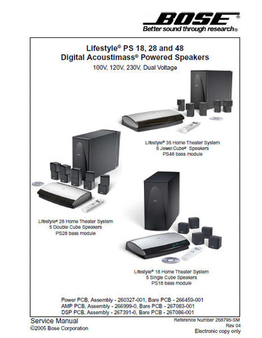 BOSE LIFESTYLE PS-18 PS-28 PS-48 DIGITAL ACOUSTIMASS POWERED SPEAKERS SERVICE MANUAL AND TROUBLESHOOT GUIDE INC PCBS SCHEM DIAGS AND PARTS LIST 154 PAGES ENG