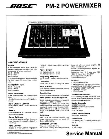BOSE PM-2 POWERMIXER SERVICE MANUAL INC BLK DIAGS PCBS SCHEM DIAGS WIRING DIAG AND PARTS LIST 16 PAGES ENG
