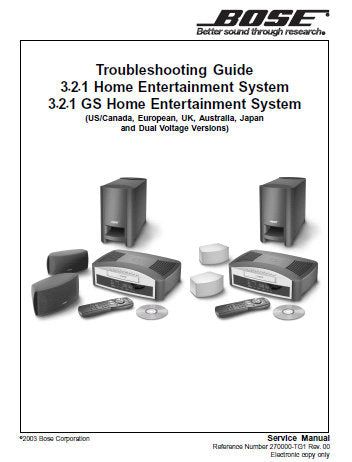 BOSE 3.2.1 AND 3.2.1 GS HOME ENTERTAINMENT SYSTEM TROUBLESHOOT GUIDE AND SERVICE MANUAL INC BLK DIAGS SCHEM DIAGS AND PCB'S 102 PAGES ENG