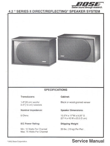BOSE 4.2 SERIES II DIRECT REFLECTING SPEAKERS SERVICE MANUAL  INC CONN DIAG AND TRSHOOT GUIDE 9 PAGES ENG