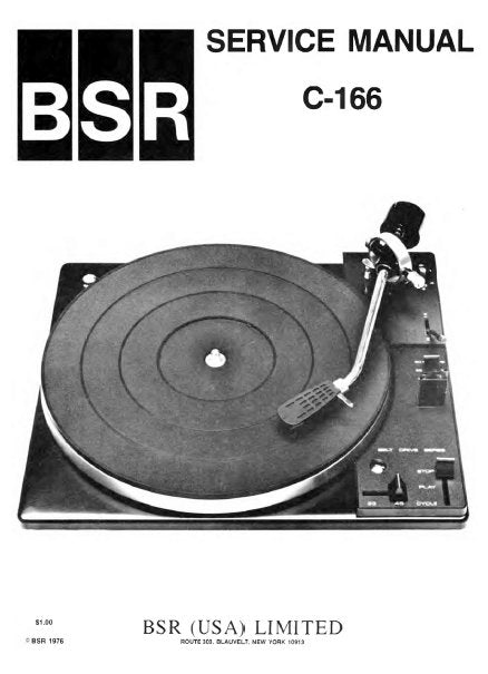 BSR C-166 TURNTABLE SERVICE MANUAL INC EXPL VIEW TROUBLESHOOT GUIDE AND PARTS LIST 12 PAGES ENG