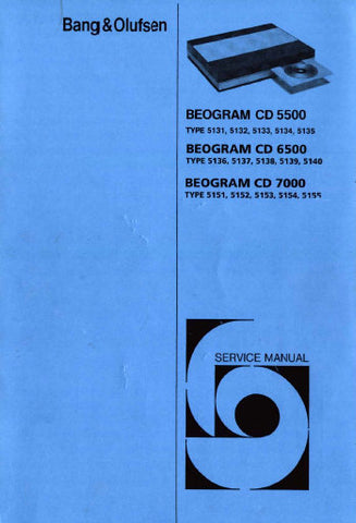 B AND O BEOGRAM CD5500 TYPE 5131-5135 BEOGRAM CD6500 TYPE 5136-5140 BEOGRAM CD7000 TYPE 5151-5140 SERVICE MANUAL INC PCBS SCHEM DIAGS AND PARTS LIST 46 PAGES ENG