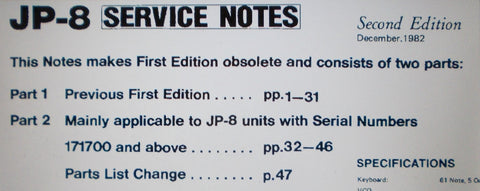 ROLAND JP-8 JUPITER SYNTHESIZER SERVICE NOTES SECOND EDITION INC SCHEMS 60 PAGES ENG