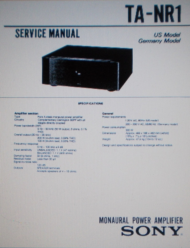 SONY TA-NR1 MONAURAL POWER AMP SERVICE MANUAL INC CONN DIAGS SCHEMS PCBS AND PARTS LIST 26 PAGES ENG