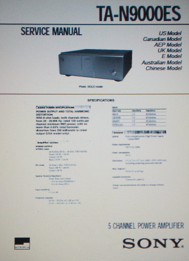 SONY TA-N9000ES 5 CHANNEL POWER AMP SERVICE MANUAL INC BLK DIAG SCHEMS PCBS AND PARTS LIST 28 PAGES ENG