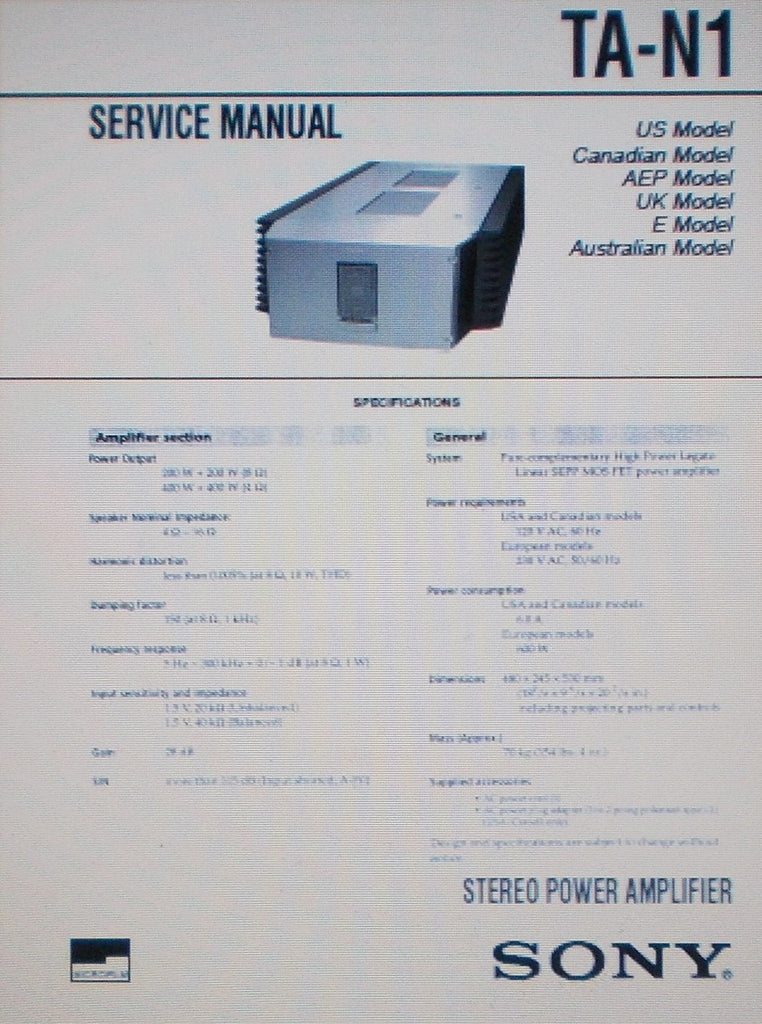 SONY TA-N1 STEREO POWER AMP SERVICE MANUAL INC SCHEMS PCBS AND PARTS LIST 26 PAGES ENG
