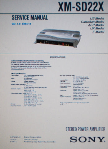 SONY XM-SD22X STEREO POWER AMP SERVICE MANUAL INC CONN DIAGS BLK DIAG SCHEMS PCB AND PARTS LIST 24 PAGES ENG