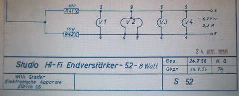 STUDER REVOX MODEL 52 POWER AMP STUDIO HIFI ENDVERSTARKER 52 8 WATT SCHEMATIC DIAGRAM 3 PAGES DEUT