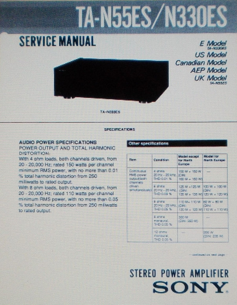 SONY TA-N55ES TA-N330ES STEREO POWER AMP SERVICE MANUAL INC SCHEM DIAG PCBS AND PARTS LIST 16 PAGES ENG