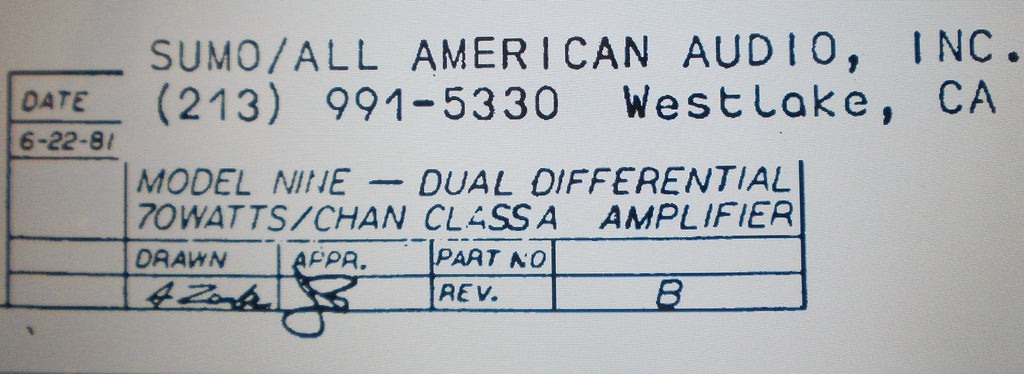 SUMO ELECTRONICS ALL AMERICAN AUDIO INC MODEL NINE DUAL DIFFERENTIAL 70W PER CHANNEL CLASS A POWER AMP SCHEMATIC DIAGRAM 1 PAGE ENG