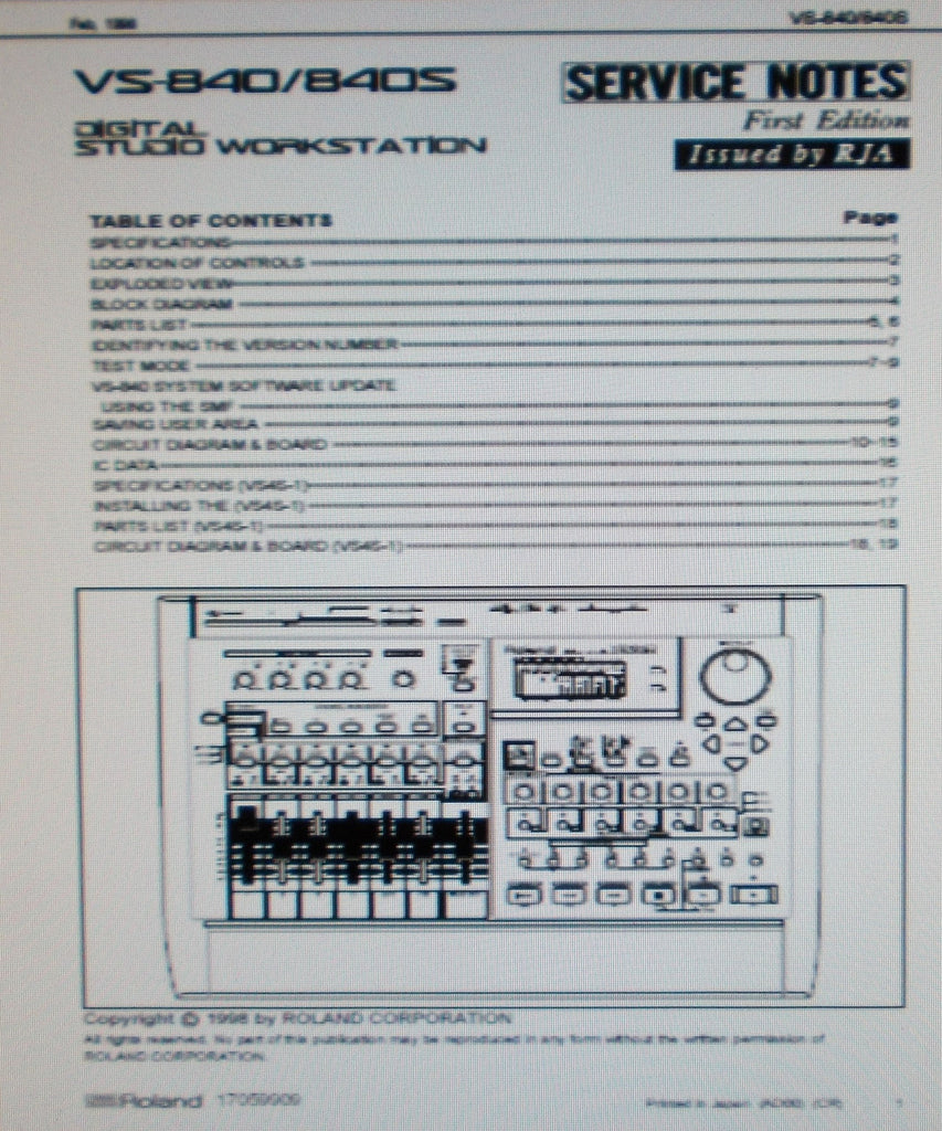 ROLAND VS-840 VS-840S DIGITAL STUDIO WORKSTATION SERVICE NOTES FIRST EDITION INC BLK DIAG SCHEMS PCBS AND PARTS LIST 19 PAGES ENG