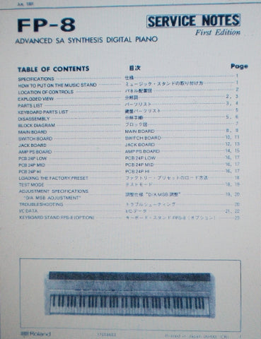ROLAND FP-8 ADVANCED SA SYNTHESIS DIGITAL PIANO SERVICE NOTES FIRST EDITION INC SCHEMS AND PARTS LIST 23 PAGES ENG