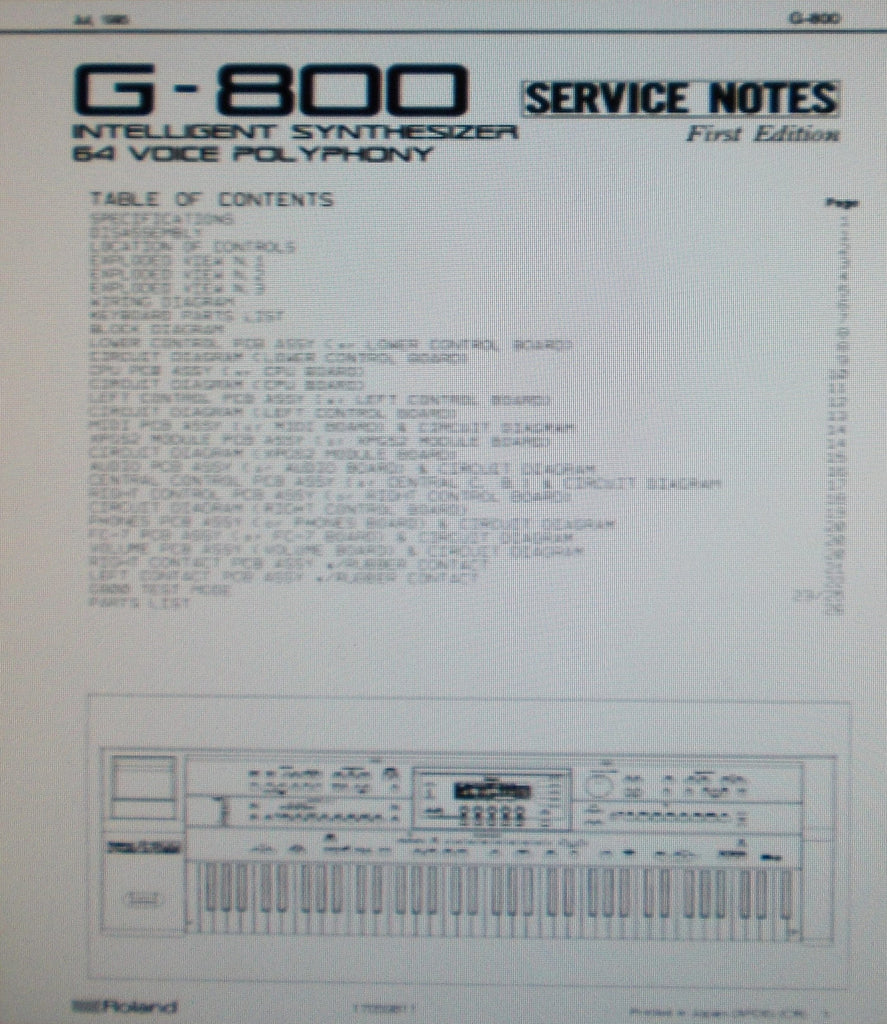 ROLAND G-800 ARRANGER WORKSTATION INTELLIGENT SYNTHESIZER 64 VOICE POLYPHONY SERVICE NOTES FIRST EDITION INC BLK DIAG WIRING DIAG SCHEMS PCBS AND PARTS LIST 26 PAGES ENG