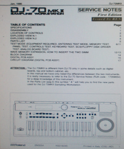 ROLAND DJ-70MKII SAMPLING WORKSTATION SERVICE NOTES FIRST EDITION INC BLK DIAG SCHEM DIAG PCB AND PARTS LIST 16 PAGES ENG