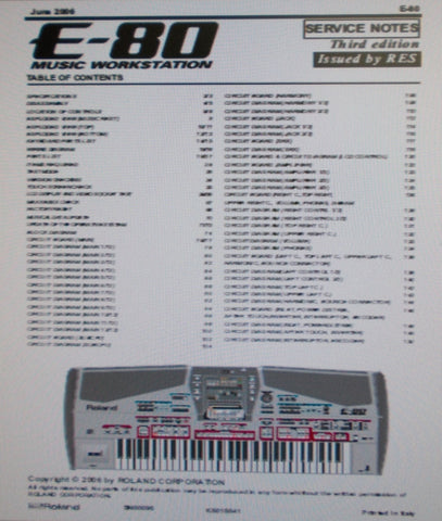 ROLAND E-80 MUSIC WORKSTATION SERVICE NOTES THIRD EDITION INC BLK DIAG WIRING DIAG SCHEMS PCBS AND PARTS LIST 116 PAGES ENG