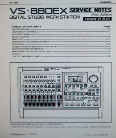 ROLAND VS-880EX DIGITAL STUDIO WORKSTATION SERVICE NOTES FIRST EDITION INC BLK DIAG SCHEMS PCBS AND PARTS LIST 20 PAGES ENG