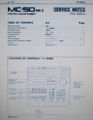 ROLAND MC-50MKII MICRO COMPOSER SERVICE NOTES FIRST EDITION INC SCHEMS AND PARTS LIST 9 PAGES ENG