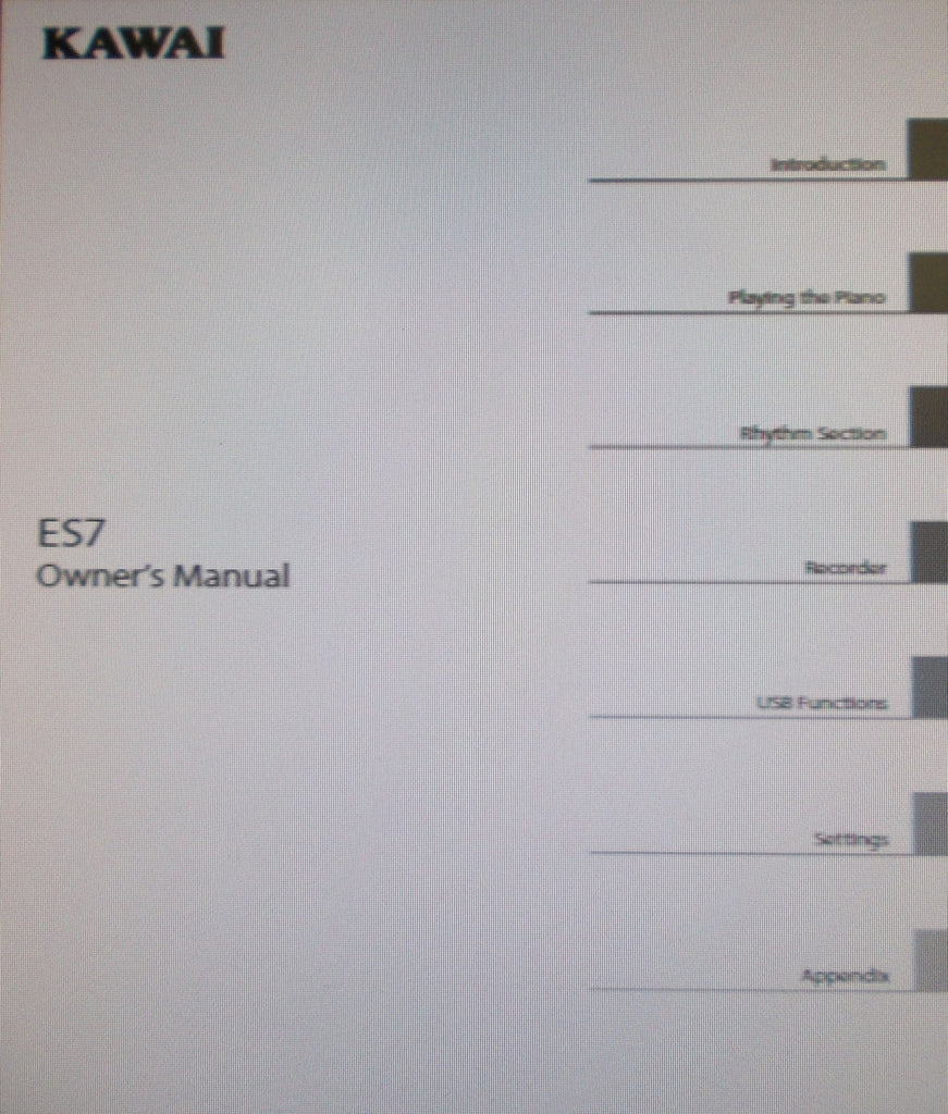 KAWAI ES7 DIGITAL PIANO OWNER'S MANUAL INC CONN DIAGS AND TRSHOOT GUIDE 140 PAGES ENG
