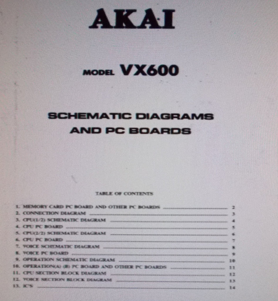 AKAI VX600 PROGRAMMABLE MATRIX SYNTHESIZER SET OF SCHEMATIC DIAGRAMS AND PC BOARDS 18 PAGES ENG
