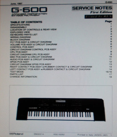 ROLAND G-600 ARRANGER WORKSTATION 64 VOICE POLYPHONY SERVICE NOTES FIRST EDITION INC BLK DIAG WIRING DIAG SCHEMS PCBS AND PARTS LIST 19 PAGES ENG