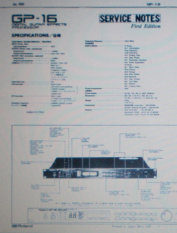 ROLAND GP-16 DIGITAL GUITAR EFFECTS PROCESSOR SERVICE NOTES FIRST EDITION INC SCHEMS AND PARTS LIST 26 PAGES ENG