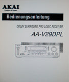 AKAI AA-V29DPL DOLBY SURROUND PRO LOGIC RECEIVER BEDIENUNGSANLEITUNG INC CONN DIAG UND FEHLERSUCHE 23 PAGES DEUT