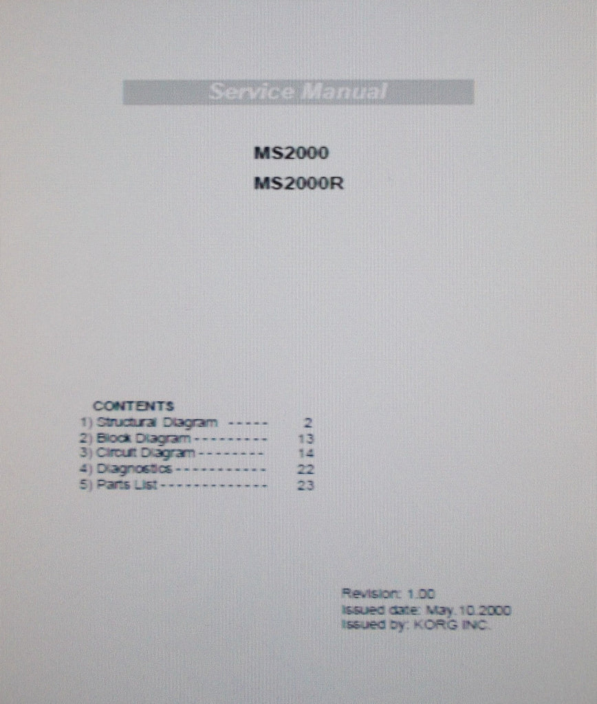 KORG MS2000 MS2000R ANALOG MODELING SYNTHESIZER SERVICE MANUAL INC BLK DIAG SCHEMS AND PARTS LIST 28 PAGES ENG