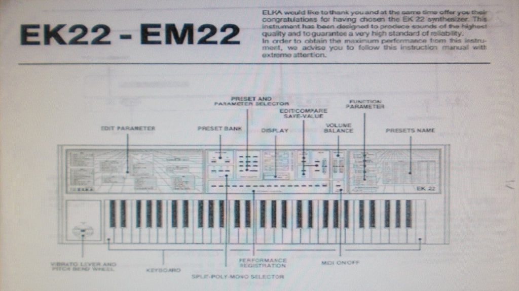 ELKA EK-22 EM-22 SYNTHESIZER INSTRUCTION MANUAL INC CONN DIAGS 16 PAGES ENG