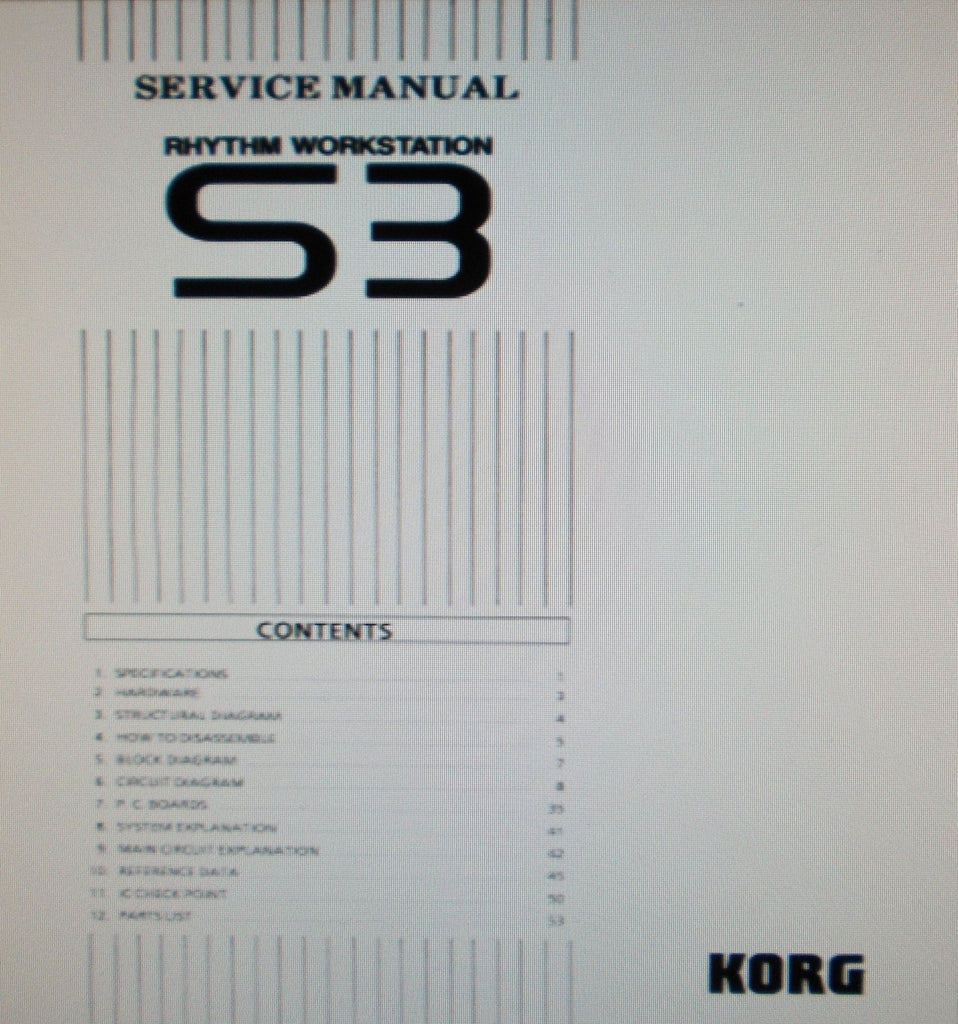 KORG S3 RHYTHM WORKSTATION SERVICE MANUAL INC BLK DIAG SCHEMS PCBS AND PARTS LIST 58 PAGES ENG