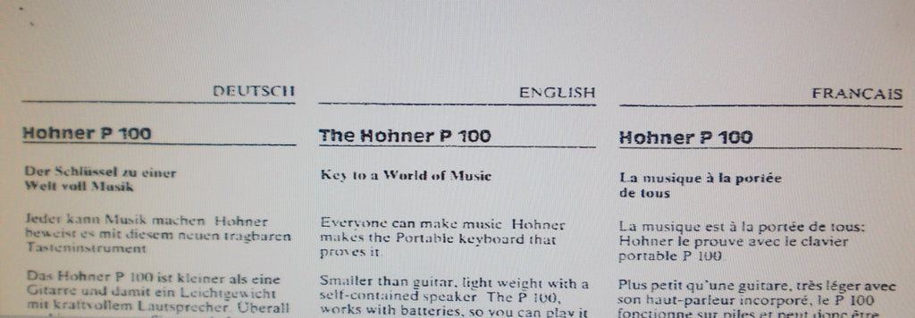 HOHNER P100 PORTABLE KEYBOARD OWNER'S MANUAL 4 PAGES ENG DEUT FRANC