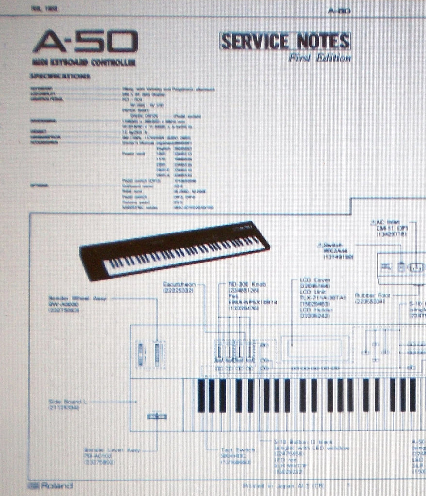 ROLAND A-50 MIDI KEYBOARD CONTROLLER SERVICE NOTES FIRST EDITION INC SCHEMS AND PARTS LIST 20 PAGES ENG
