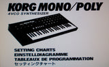 KORG MONO POLY 4VCO SYNTHESIZER SETTING CHARTS 12 PAGES ENG DEUT FRANC