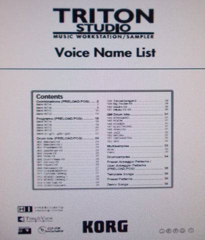 KORG TRITON STUDIO MUSIC WORKSTATION SAMPLER VOICE NAME LIST 36 PAGES ENG