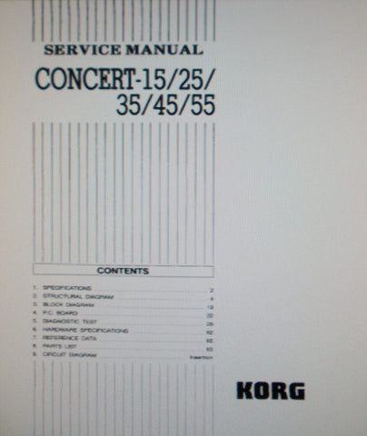 KORG C-15 C-25 C-35 C-45 C-55 CONCERT PIANO SERVICE MANUAL INC BLK DIAGS SCHEMS PCBS AND PARTS LIST  106 PAGES ENG