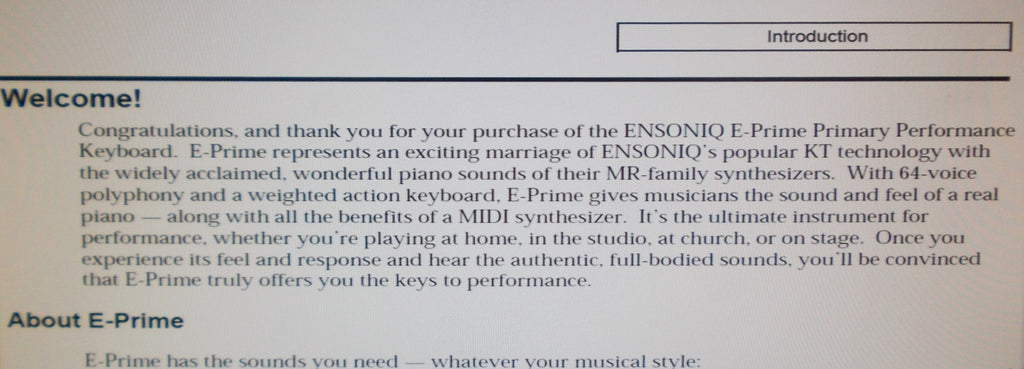 ENSONIQ E-PRIME PRIMARY PERFORMANCE 64 VOICE POLYPHONIC SYNTHESIZER KEYBOARD REFERENCE MANUAL VER 1.0 300 PAGES ENG