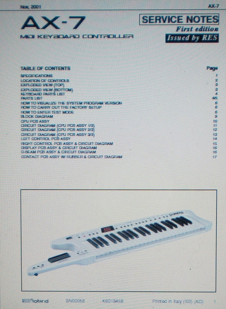 ROLAND AX-7 MIDI KEYBOARD CONTROLLER SERVICE NOTES FIRST EDITION INC SCHEMS AND PARTS LIST 17 PAGES ENG
