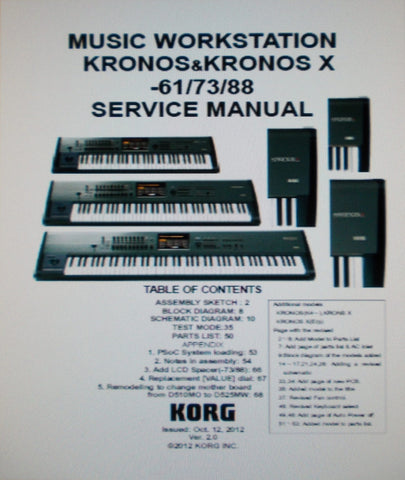 KORG KRONOS KRONOS X 61 73 88 MUSIC WORKSTATION SERVICE MANUAL VER 2.0 INC BLK DIAGS SCHEMS PCBS AND PARTS LIST 74 PAGES ENG