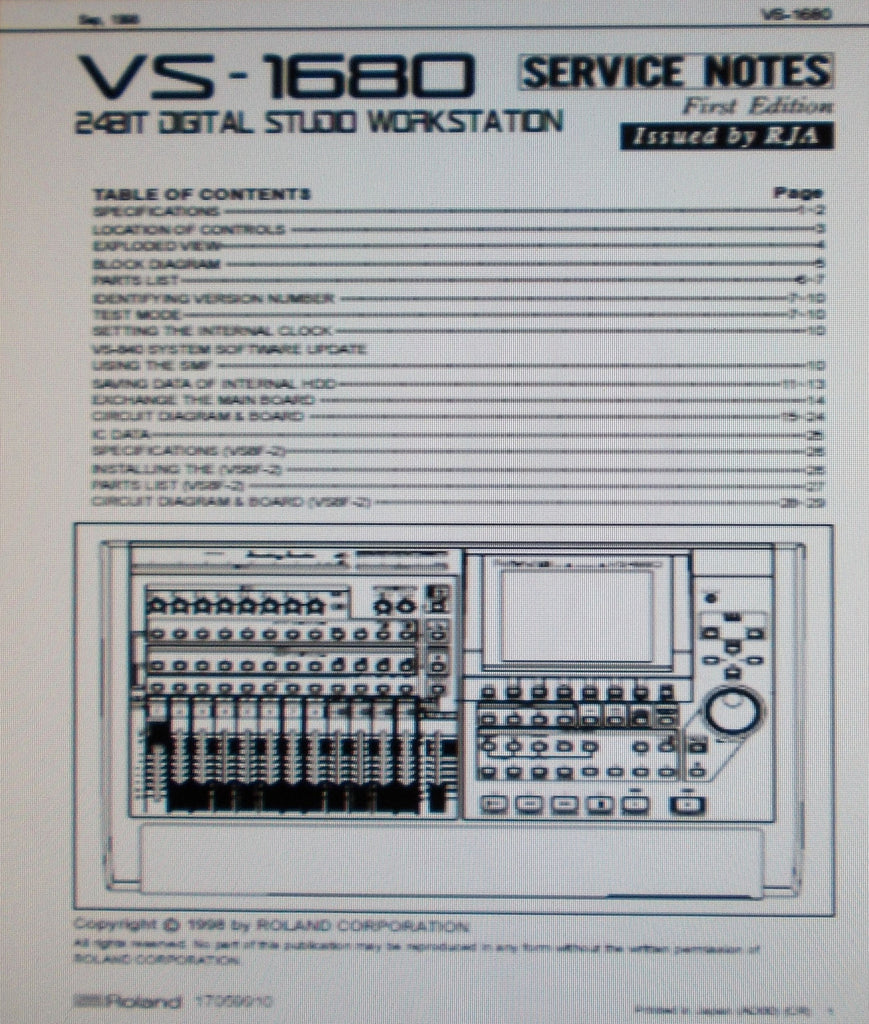 ROLAND VS-1680 DIGITAL STUDIO WORKSTATION SERVICE NOTES FIRST EDITION INC BLK DIAG SCHEMS PCBS AND PARTS LIST 29 PAGES ENG
