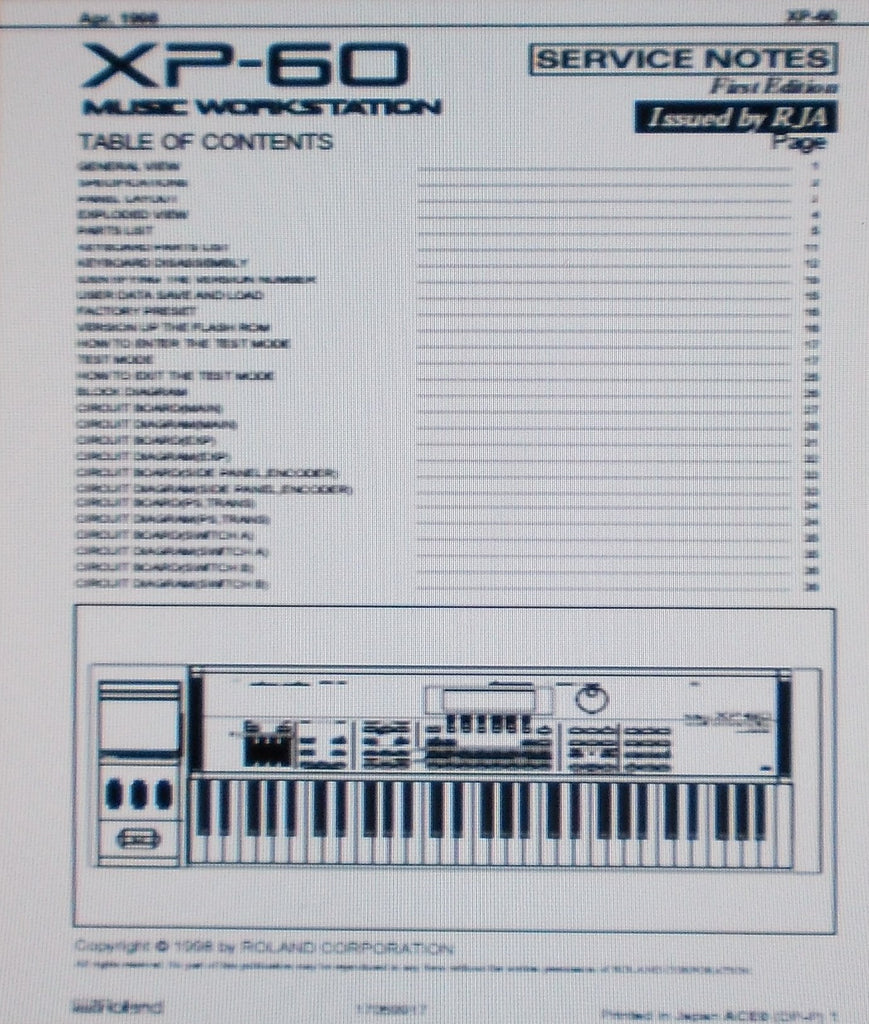 ROLAND XP-60 MUSIC WORKSTATION SERVICE NOTES FIRST EDITION INC BLK DIAG SCHEMS PCBS AND PARTS LIST 36 PAGES ENG