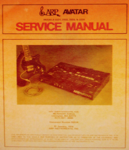 ARP AVATAR MODELS 2221 2222 2223 2225 SYNTHESIZER AND PITCH EXTRACTOR CV GENERATOR SERVICE MANUAL INC BLK DIAGS SCHEMS PCBS AND PARTS LIST 50 PAGES ENG