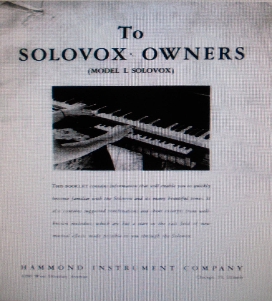 HAMMOND SOLOVOX MODEL L KEYBOARD OWNERS MANUAL INC INSTAL INSTR AND DIAGS TUNING AND ADJ PLUS SERVICE HINTS 15 PAGES ENG