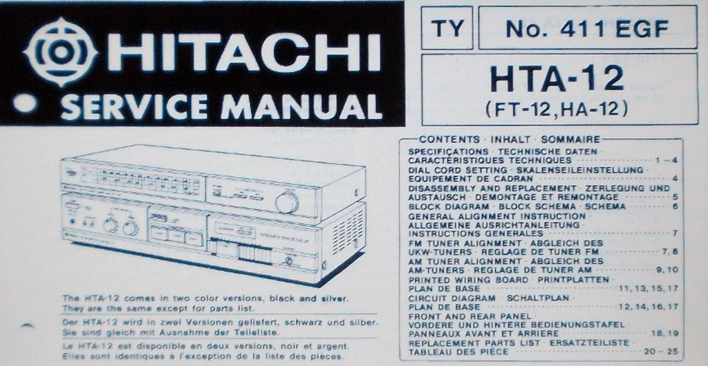 HITACHI HTA-12 FT-12 HA-12 STEREO TUNER AMP SERVICE MANUAL INC SCHEMS AND PARTS LIST 32 PAGES ENG DEUT FRANC